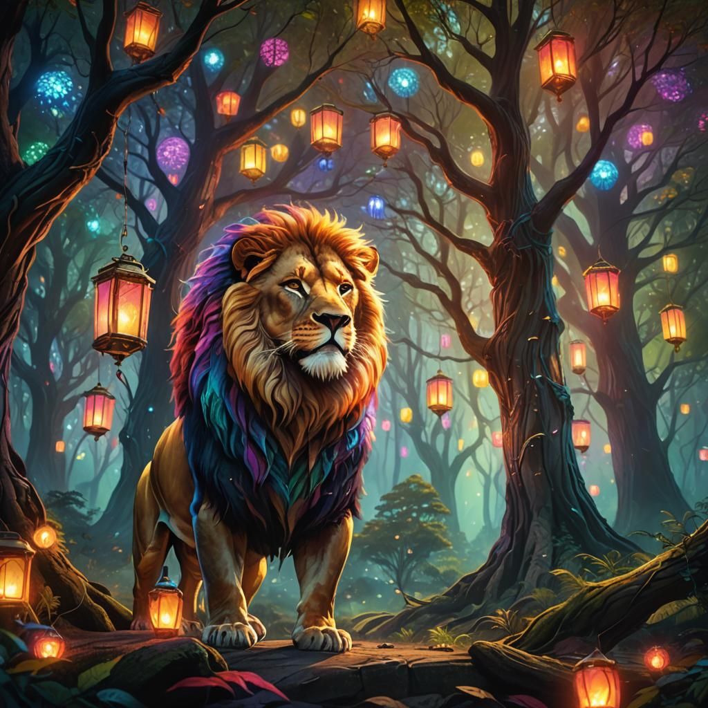 Rainbow Lion in Mystical Dark Fantasy Forest