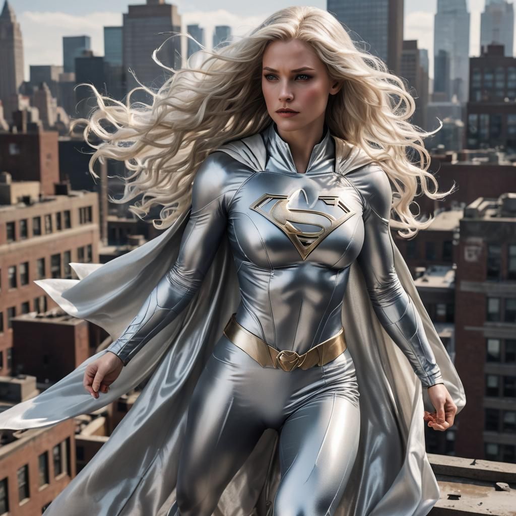 Heroic Platinum Blonde Supergirl on Rooftop