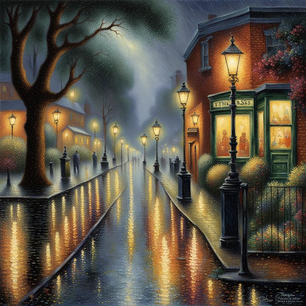 Dark Rainy Scene in Kinetic Pointillism Style