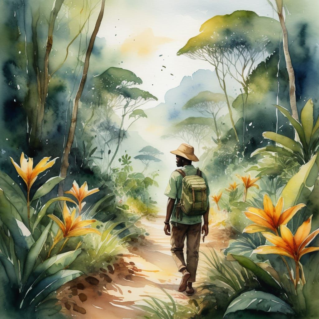 African Jungle Explorer in Watercolor Style