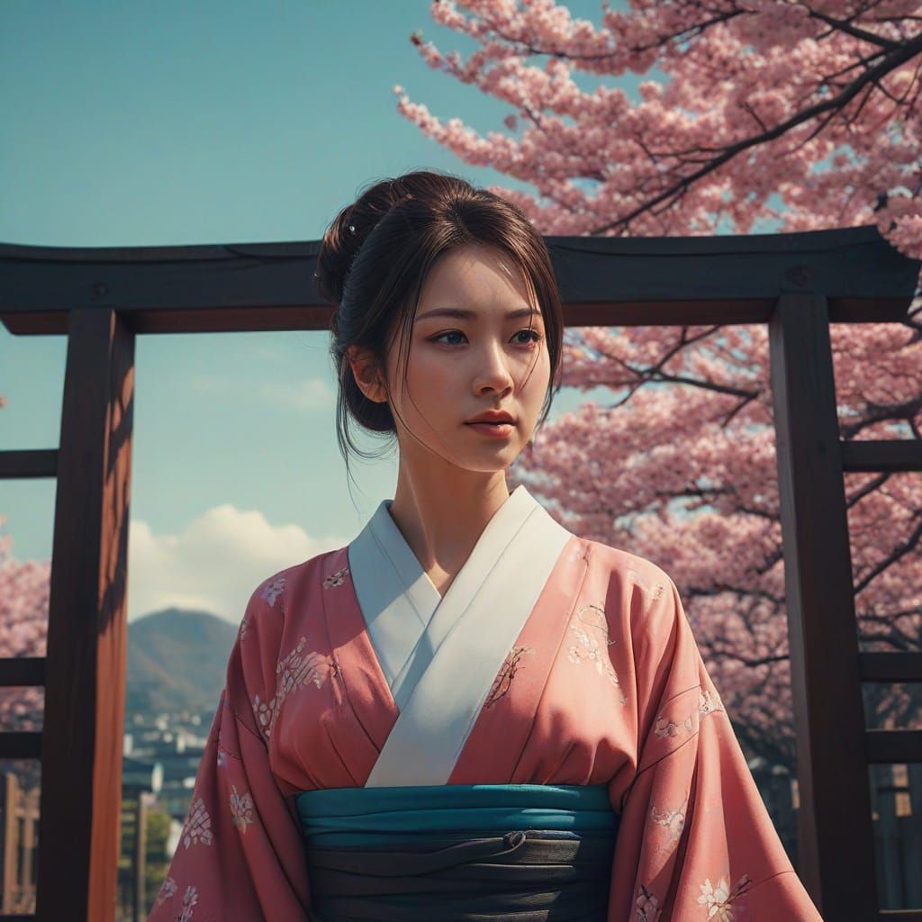 Japanese Woman in Traditional Kimono Stands Before a Vibrant...