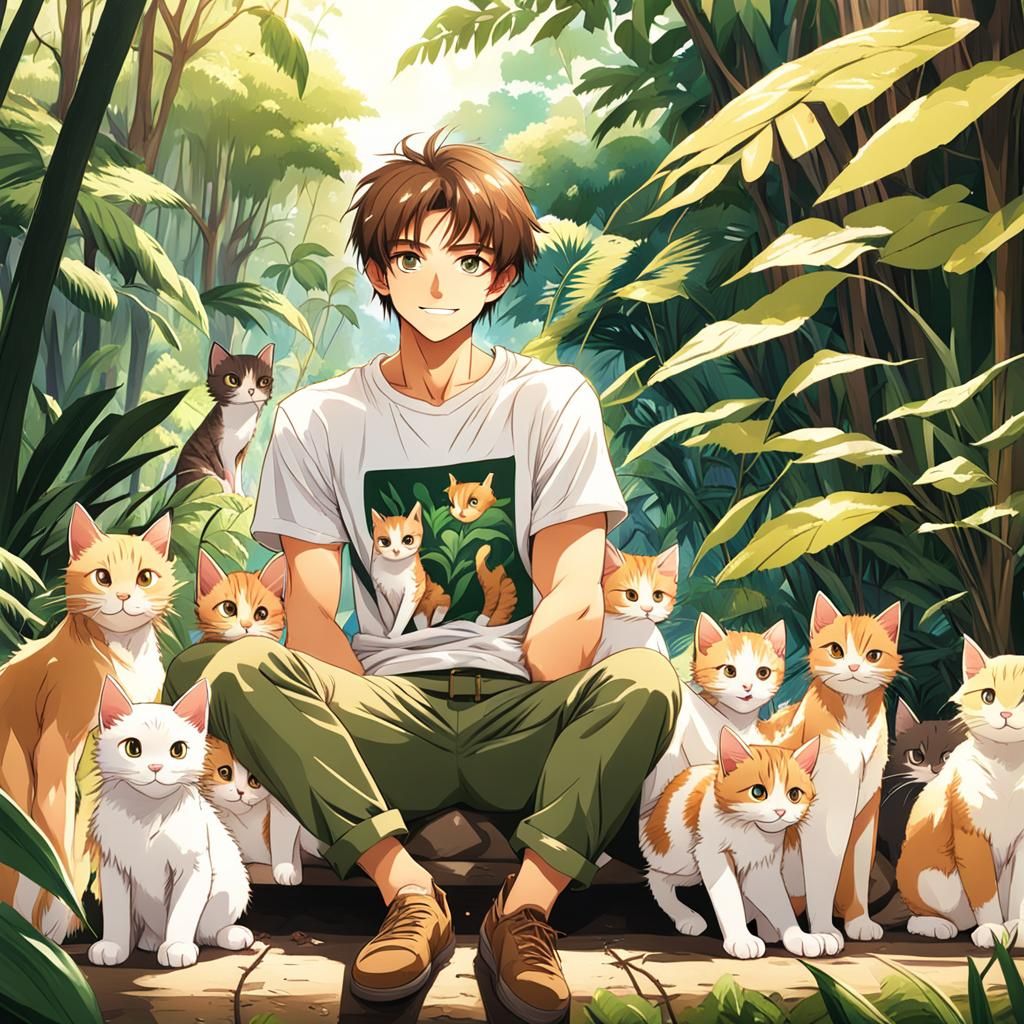 Anime Boy Surrounded by Kittens in Jungle