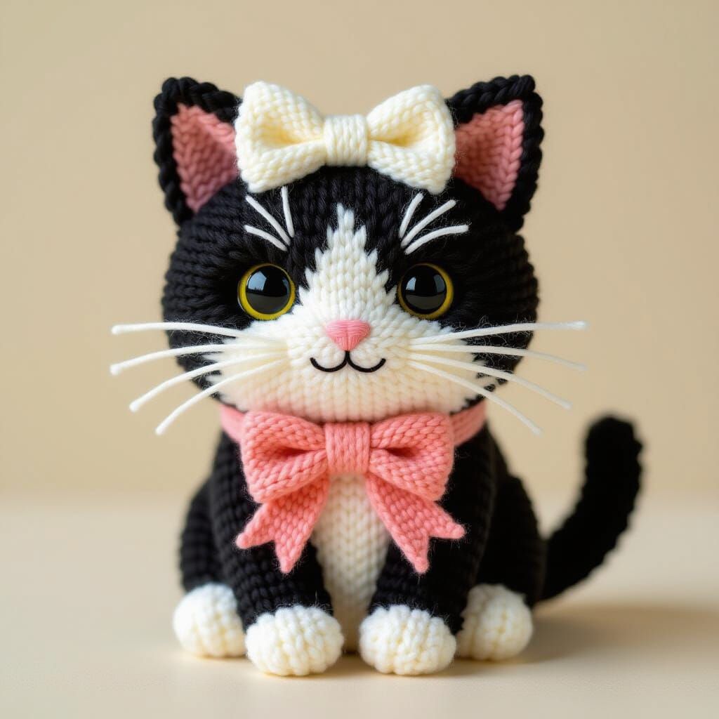 Yarn Cat with Bow in Whimsical Style