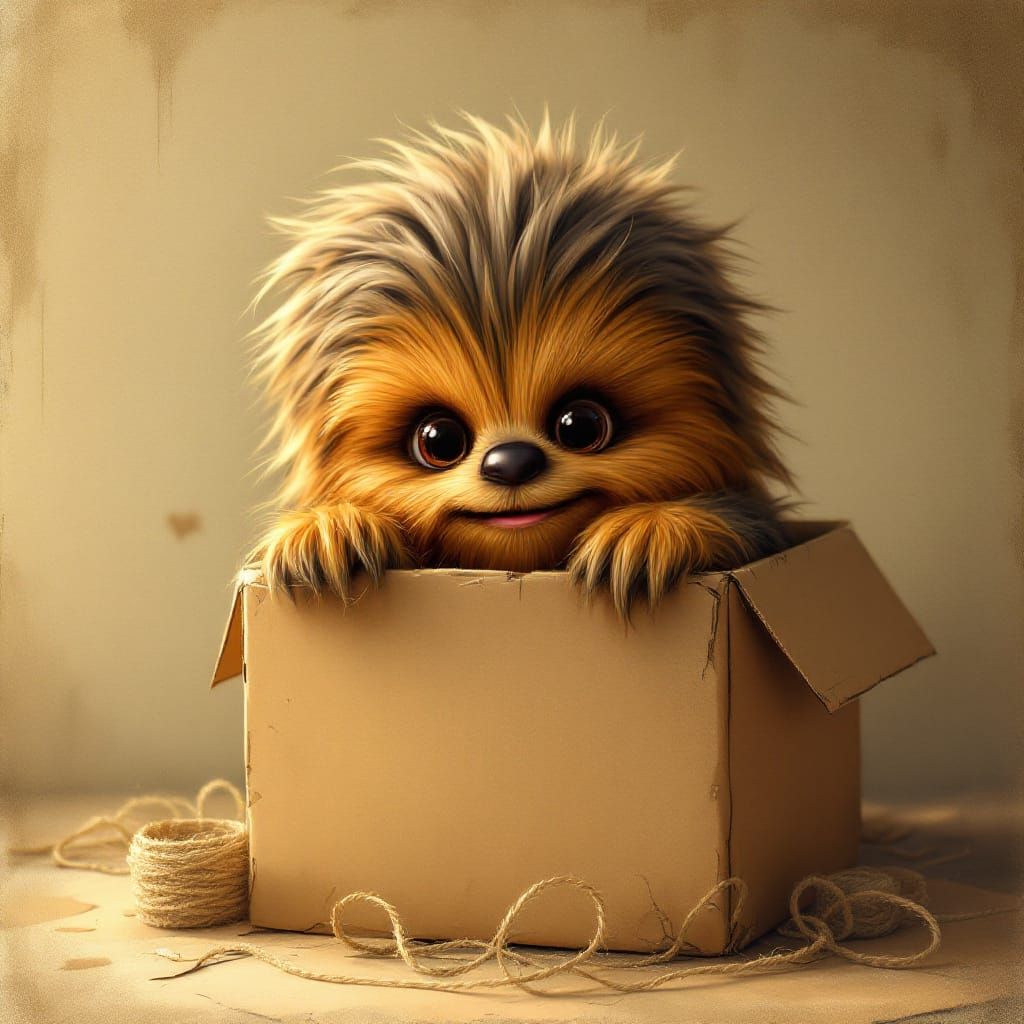 Adorable Baby Chewbacca in Box, Lo-fi Digital Painting