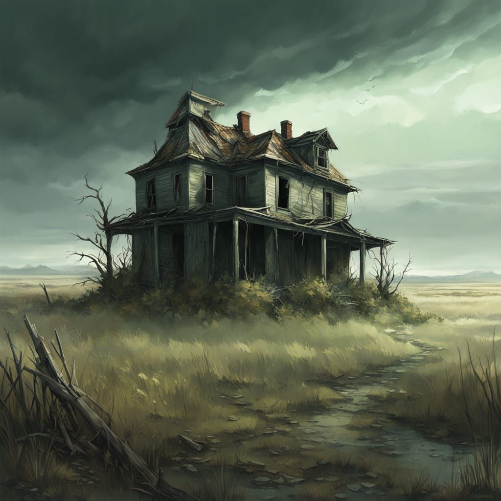 Eerie Abandoned House in Desolate Landscape