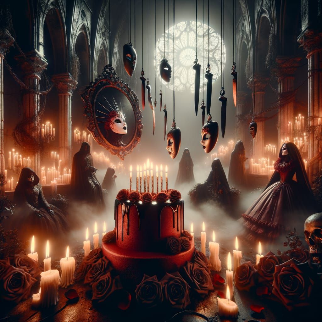 Gothic Birthday Scene of Haunted Queen in Candlelit Ruins