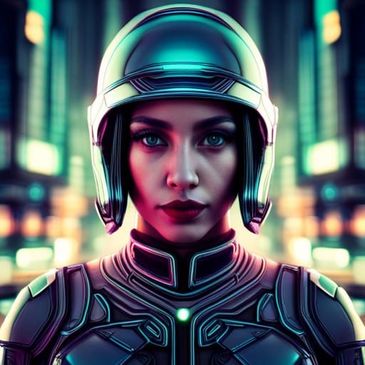 Cyborg Girl Portrait in Neon City at Night