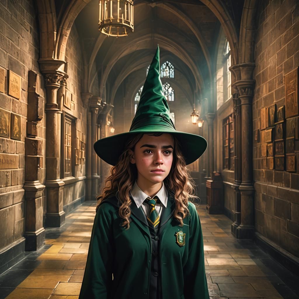 hermione granger in a slytherine school uniform and witch ha...