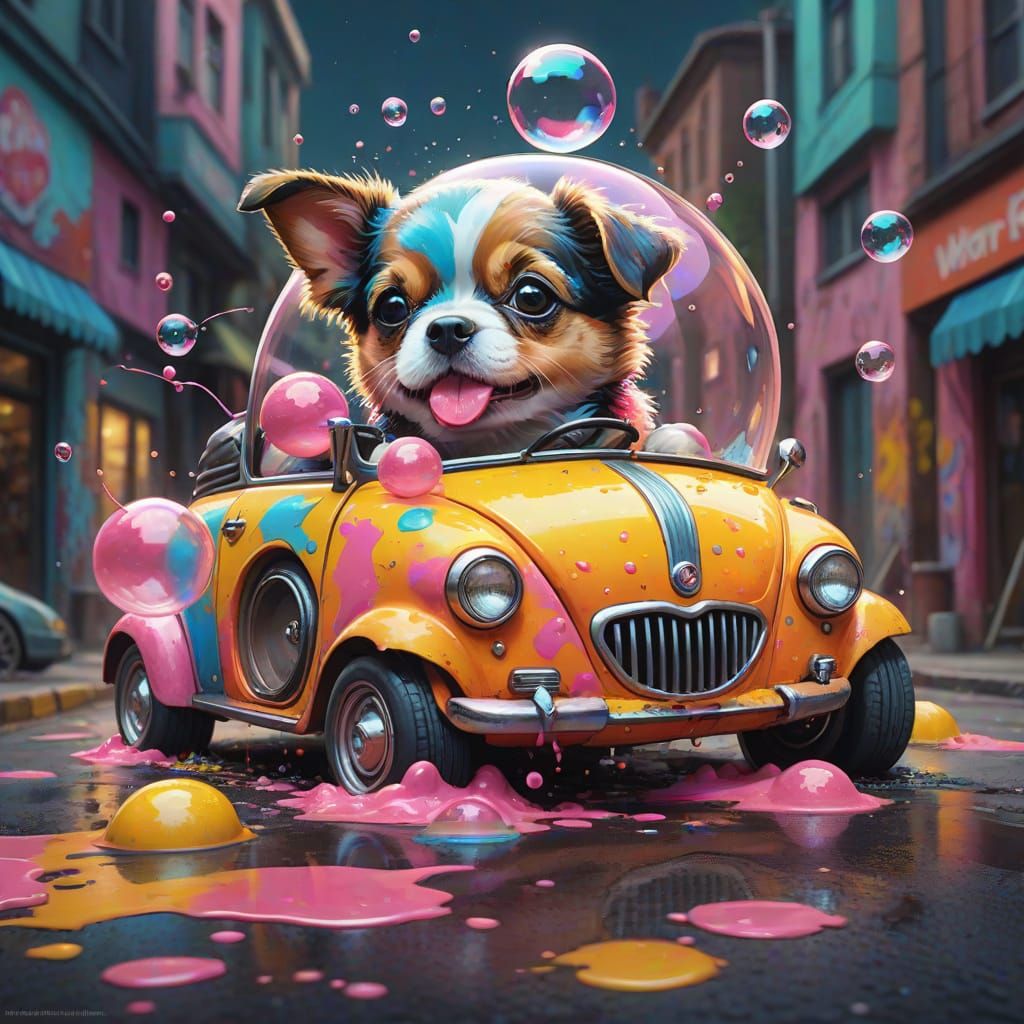 Cute Puppy Cruises in Whimsical Bubble Gum Car