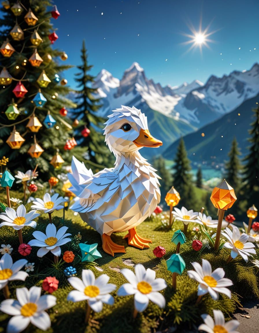 Majestic Winter Alps with Whimsical Flowers and Lanterns