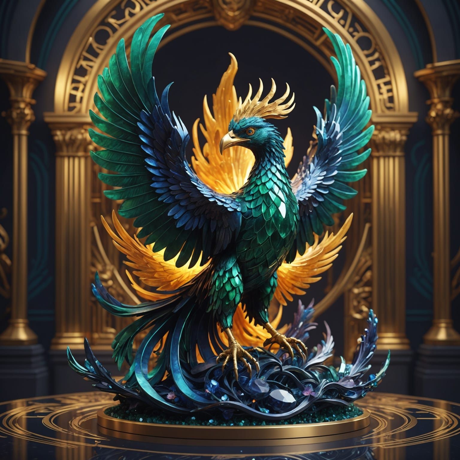 Emerald and Sapphire Phoenix Sculpture in Art Nouveau Style