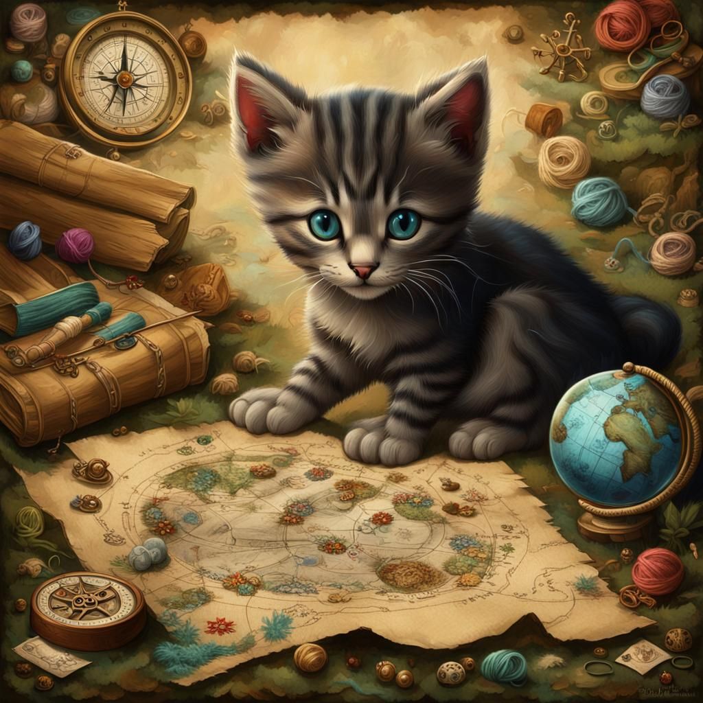 Kitten's Treasure Map Adventure in Detailed Matte Painting
