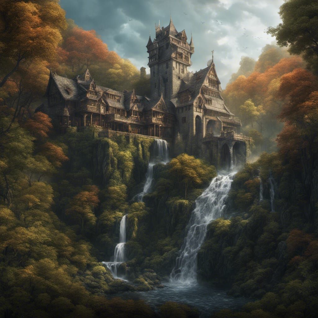 Medieval House in Forest with Waterfall, Detailed Matte Pain...