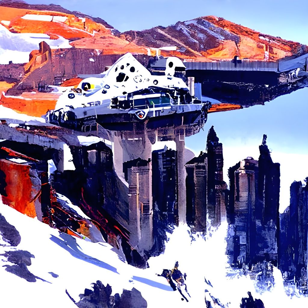 Futuristic Fortress on Snowy Peaks with Ringed Planet