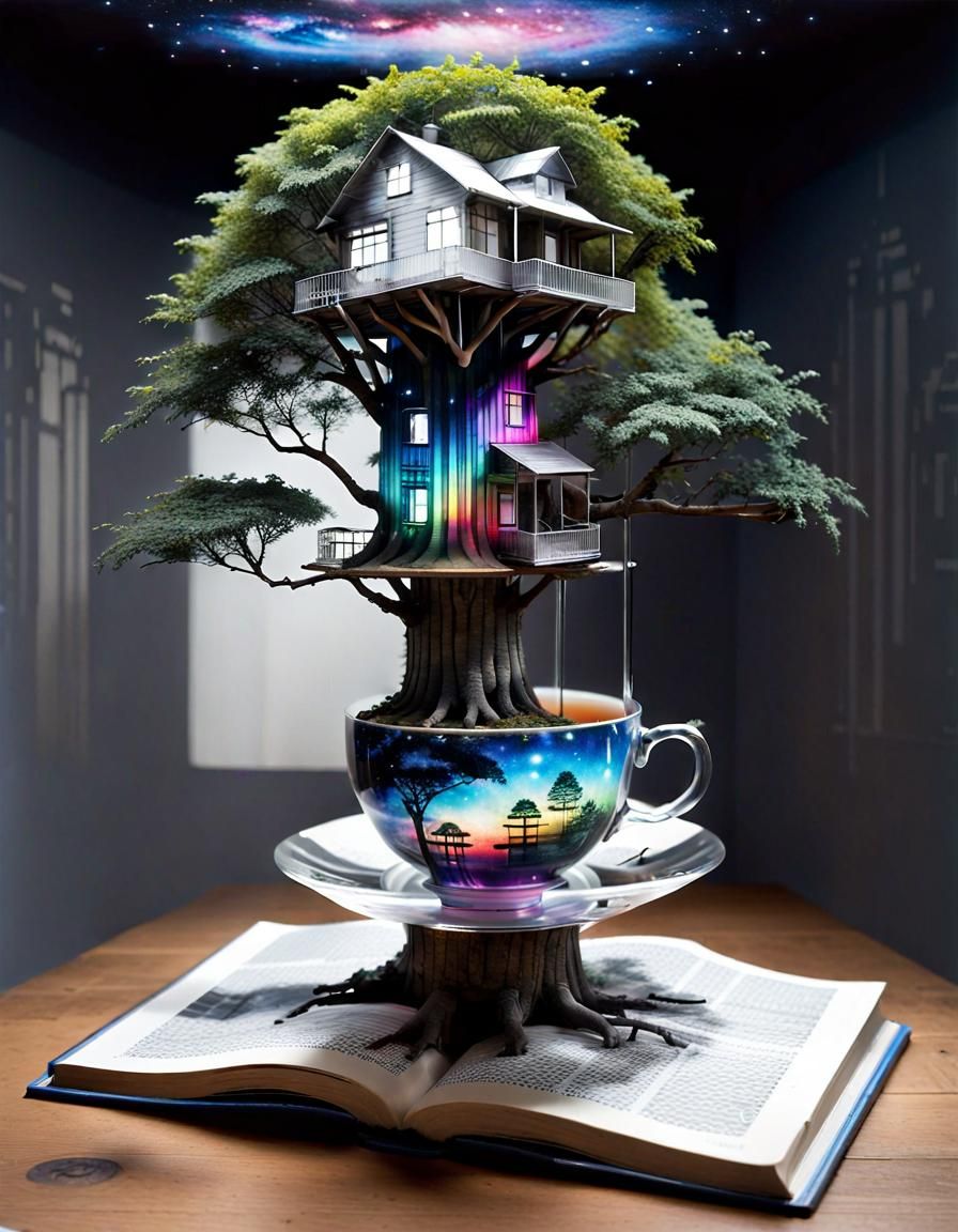 Galaxy Treehouse Optical Illusion in Mixed Media