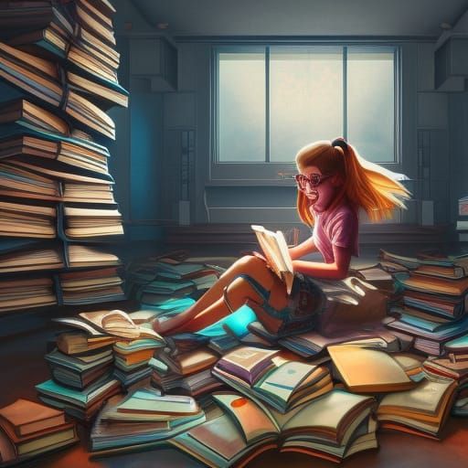 Nerd Girl on Book Pile: Detailed Digital Art
