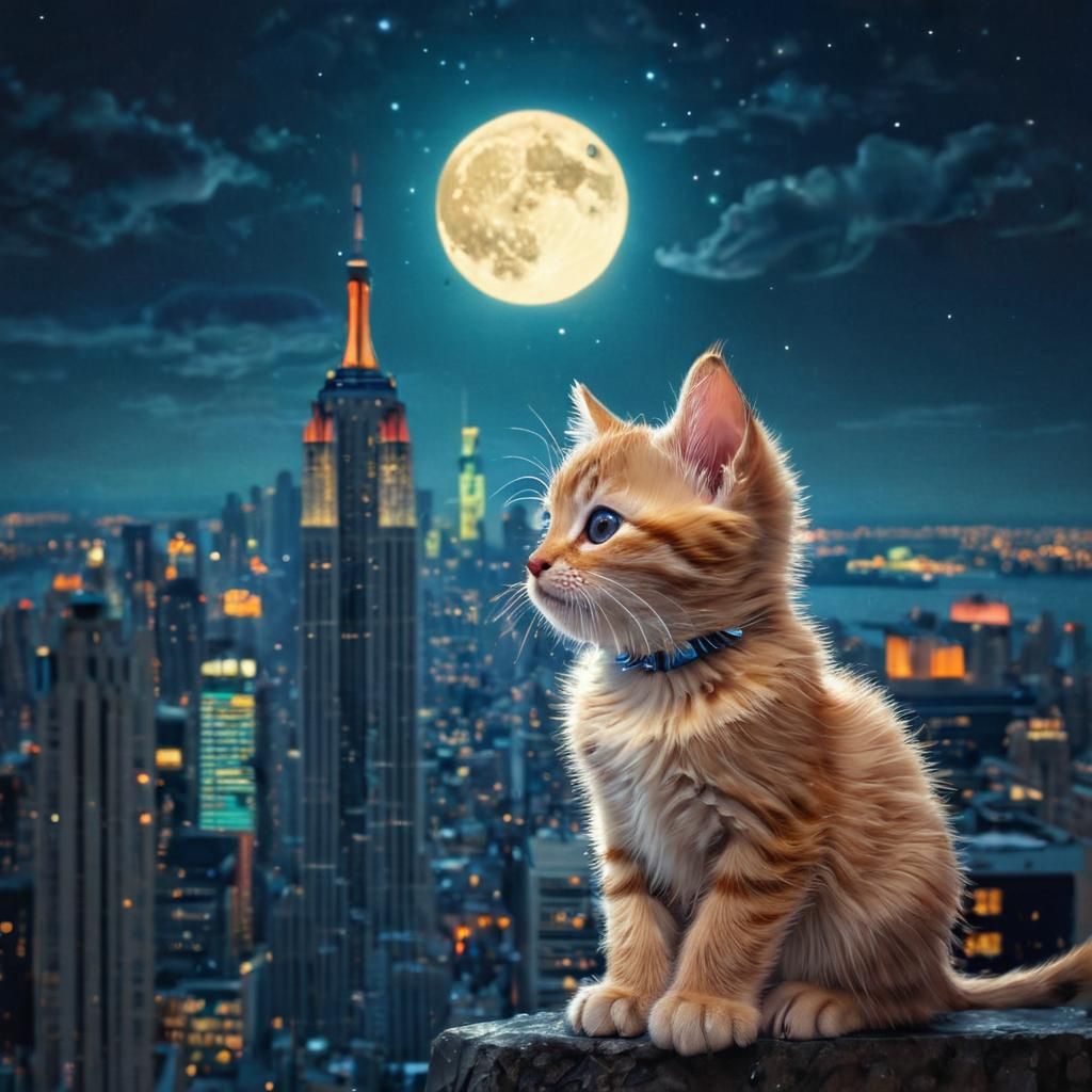 Moonlit Kitten Amidst NYC Skyline
