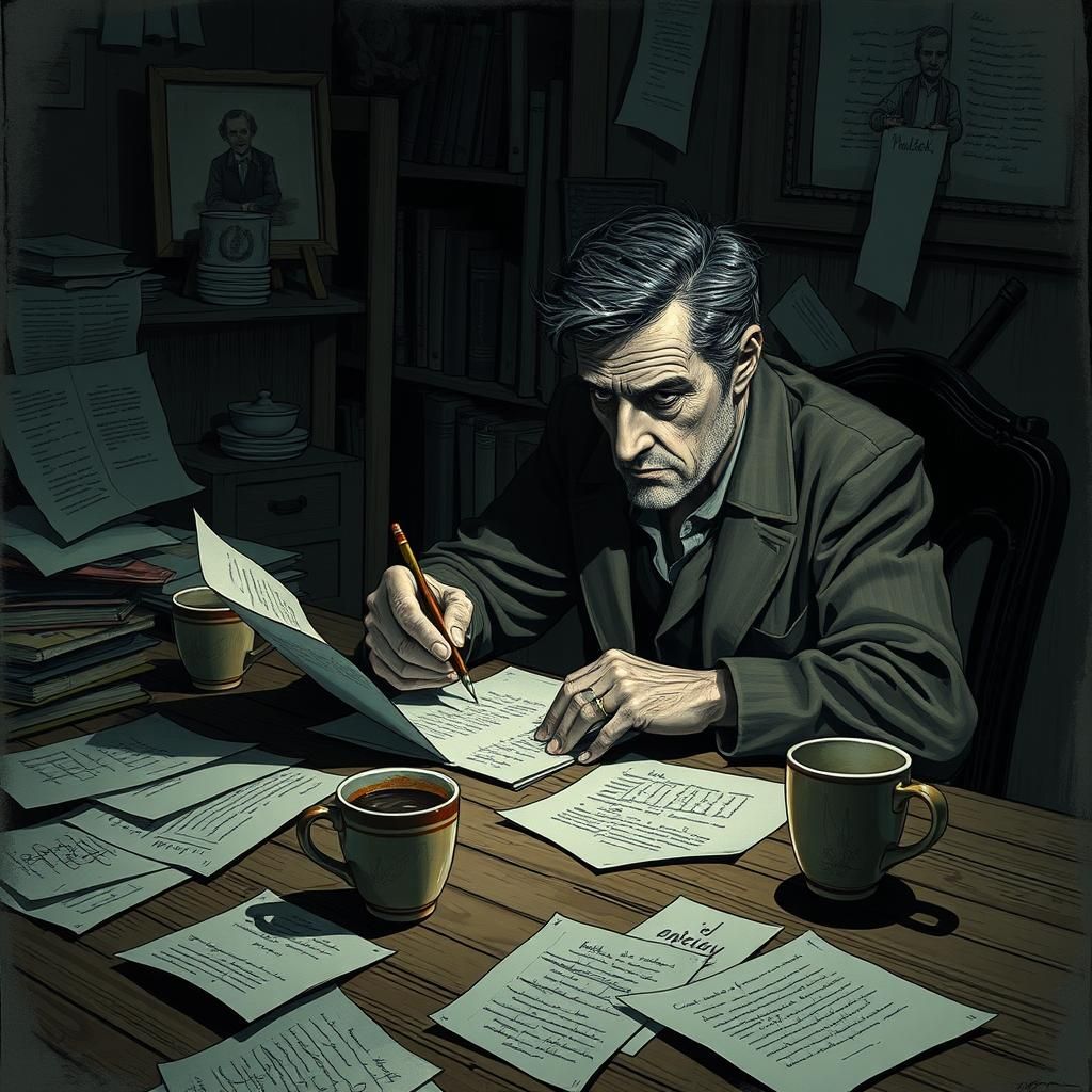 Man Writing Monologue in Expressionist Film Noir Style