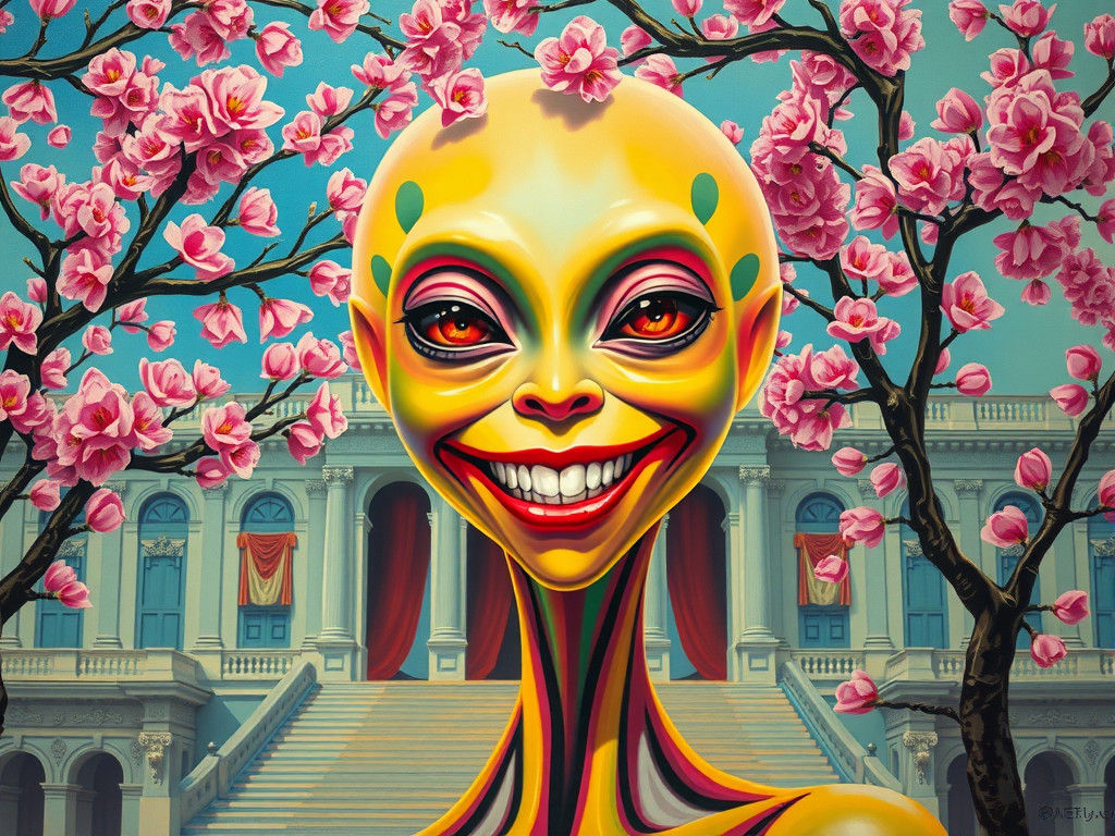 Alien Woman Portrait with Cherry Blossoms, Surreal Street Ar...