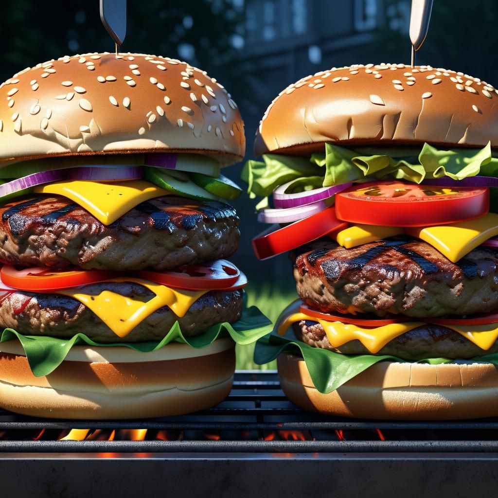 Hyperdetailed Photorealistic Burgers Grilling Outdoors