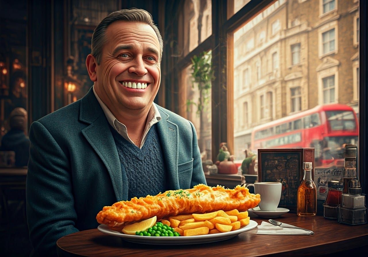 British Man with Fish and Chips in London Cafe