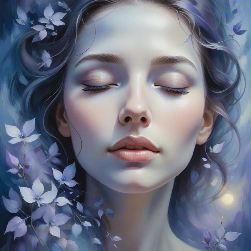Surreal Oil Painting of a Serene Woman's Face in Ethereal Li...