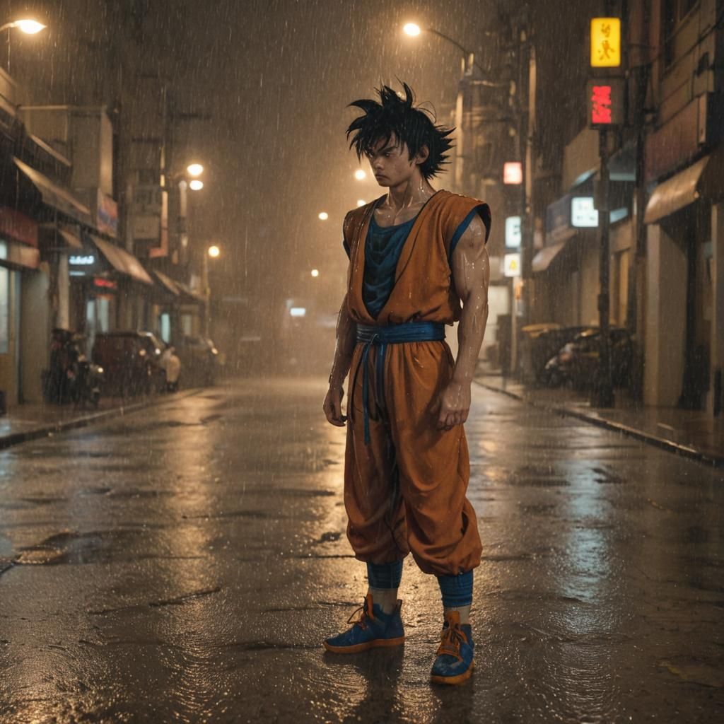 Goku in Rainy City Street: Cinematic Film Still
