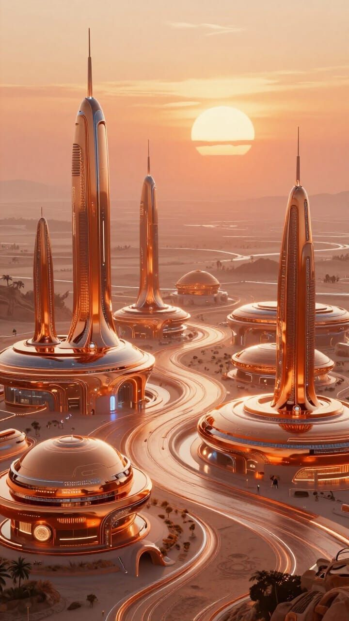 Futuristic Chrome Orange Villages in Alien Landscape