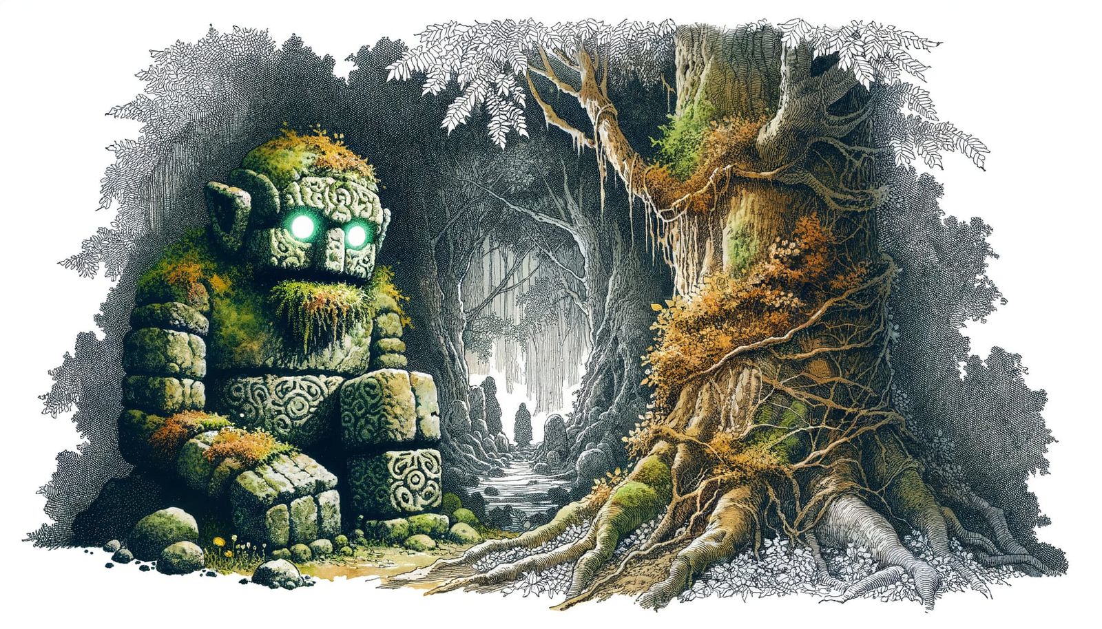 Mystical Stone Golem in Magical Forest Watercolor