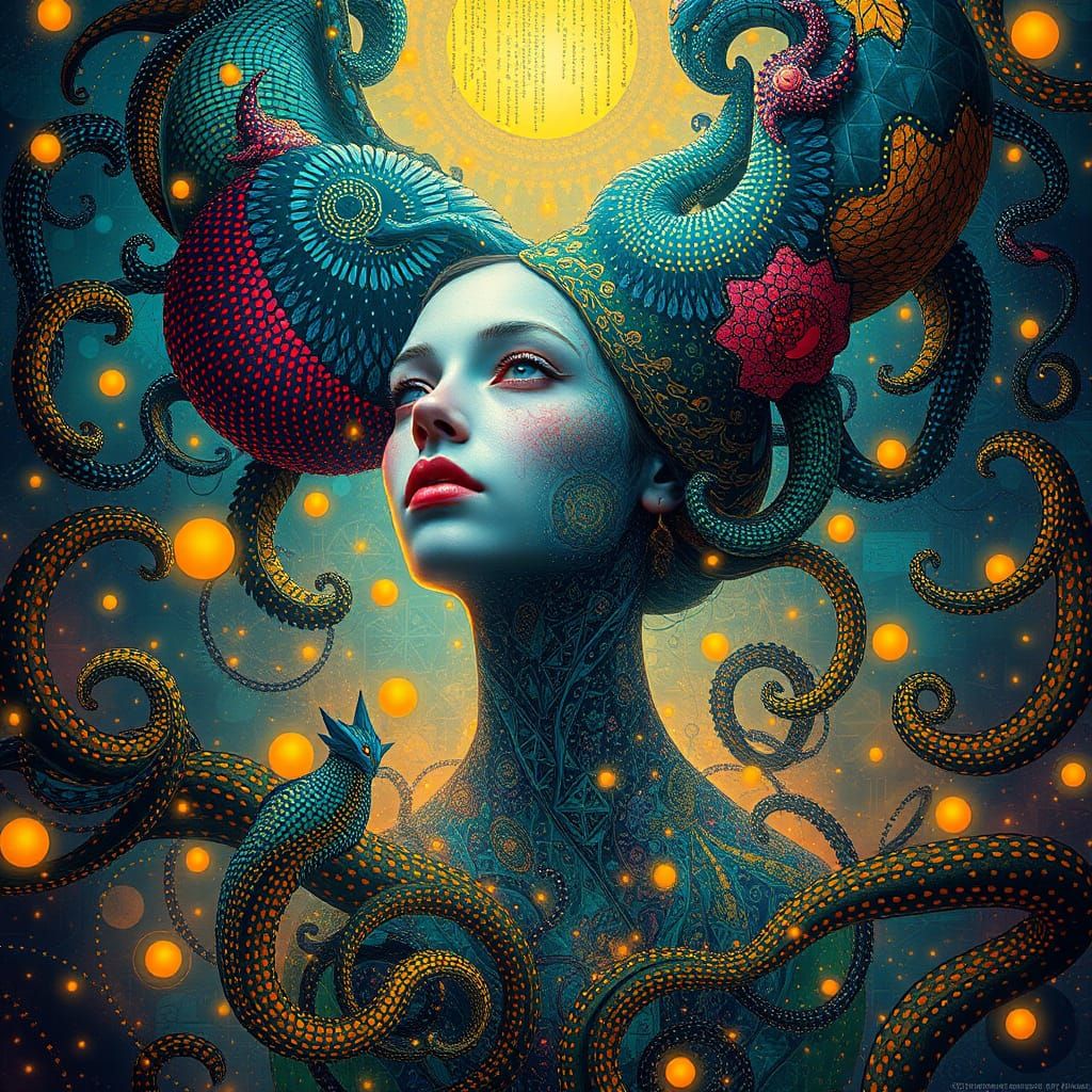 Surreal Figure Radiates Mystical Light Codes in Whirling Pat...