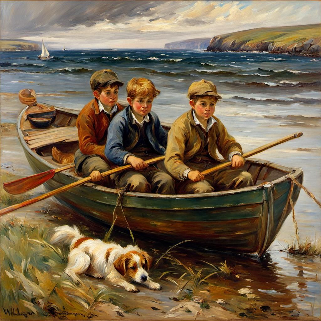Boys, Dog, and Boat: Impressionist Landscape Painting