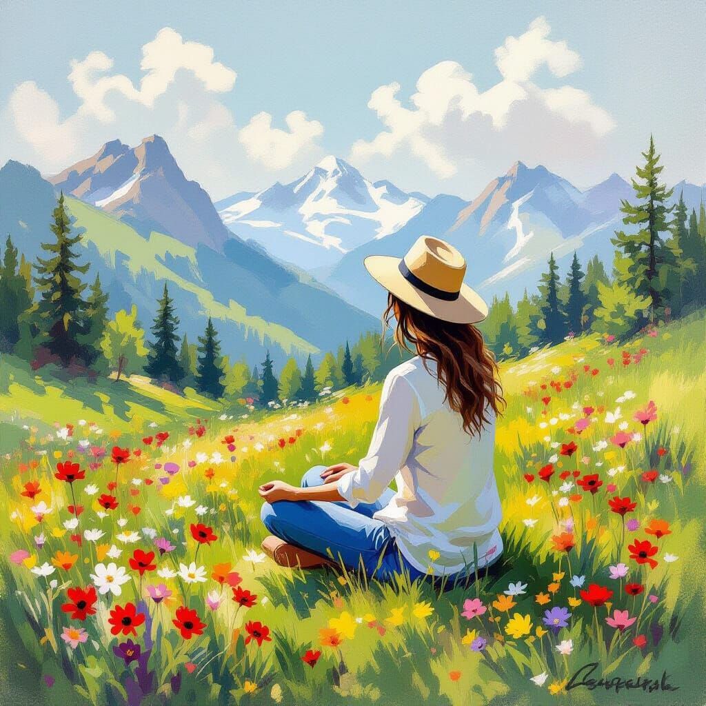 Meditating Woman in Impressionistic Mountain Landscape