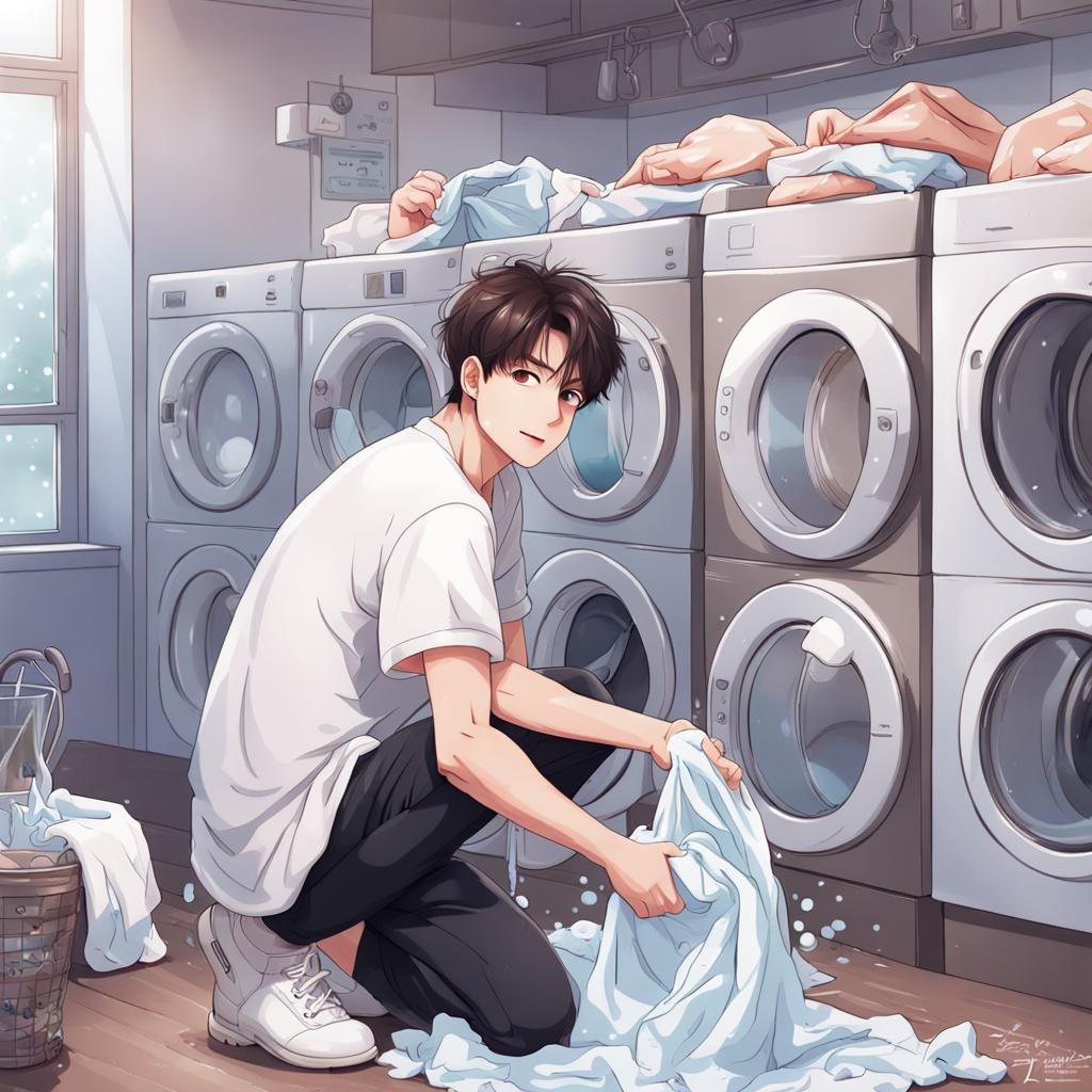 Jungkook of BTS in Anime Style Doing Laundry