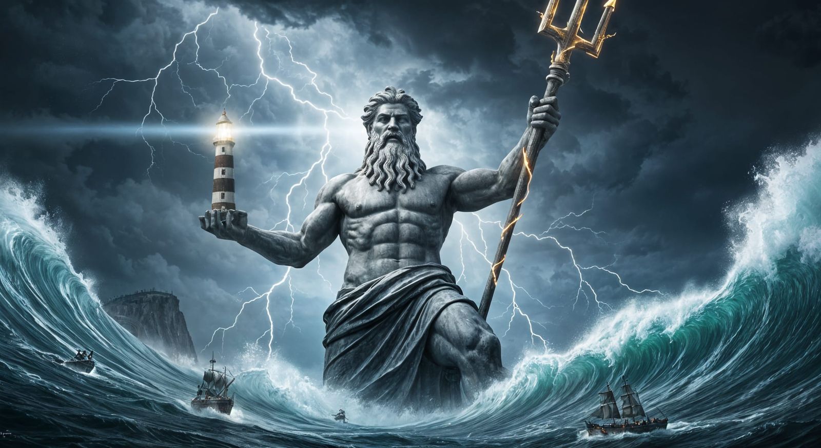 Poseidon Statue Amidst Stormy Seas Near Alexandria