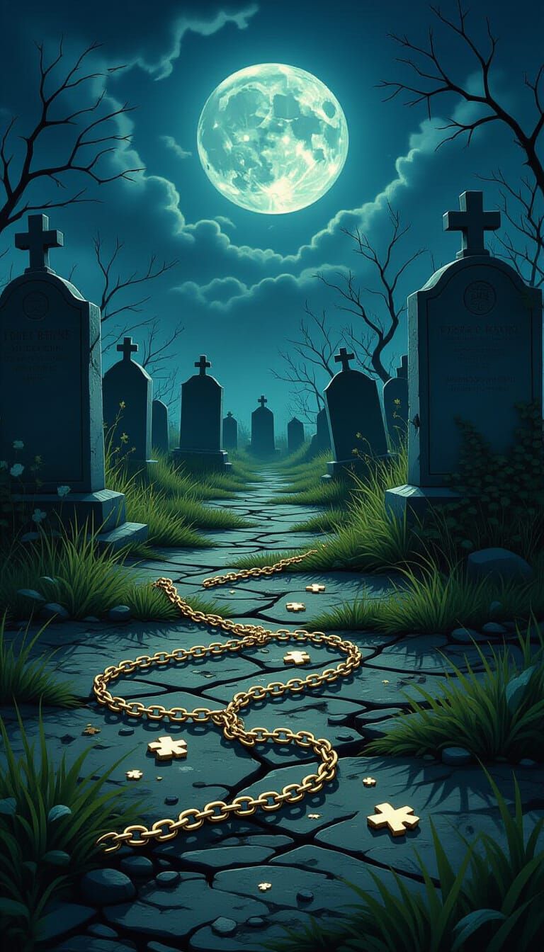 Broken Gold Necklace Scattered in Moonlit Cemetery