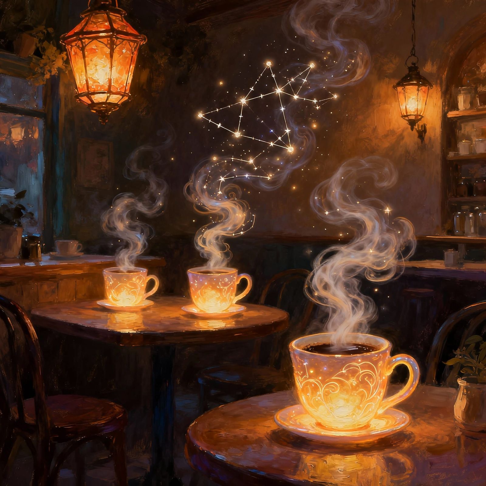 Magical Floating Coffee Mugs in a Cozy Constellation Café
