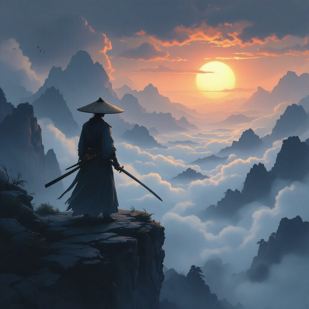 Lone Swordsman in Misty Mountains, Chinese Ink Wash Style