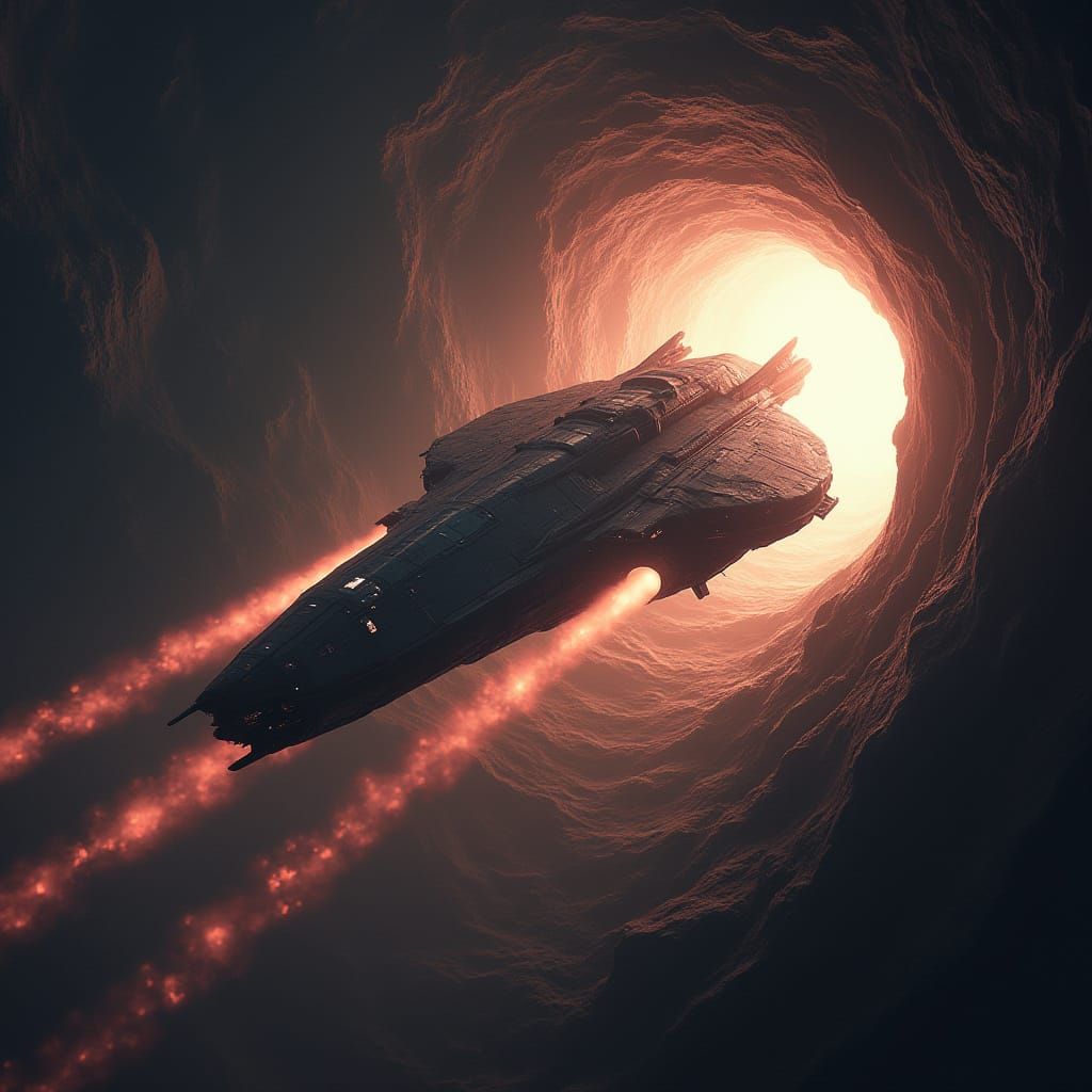 Futuristic Spacecraft Entering a Wormhole