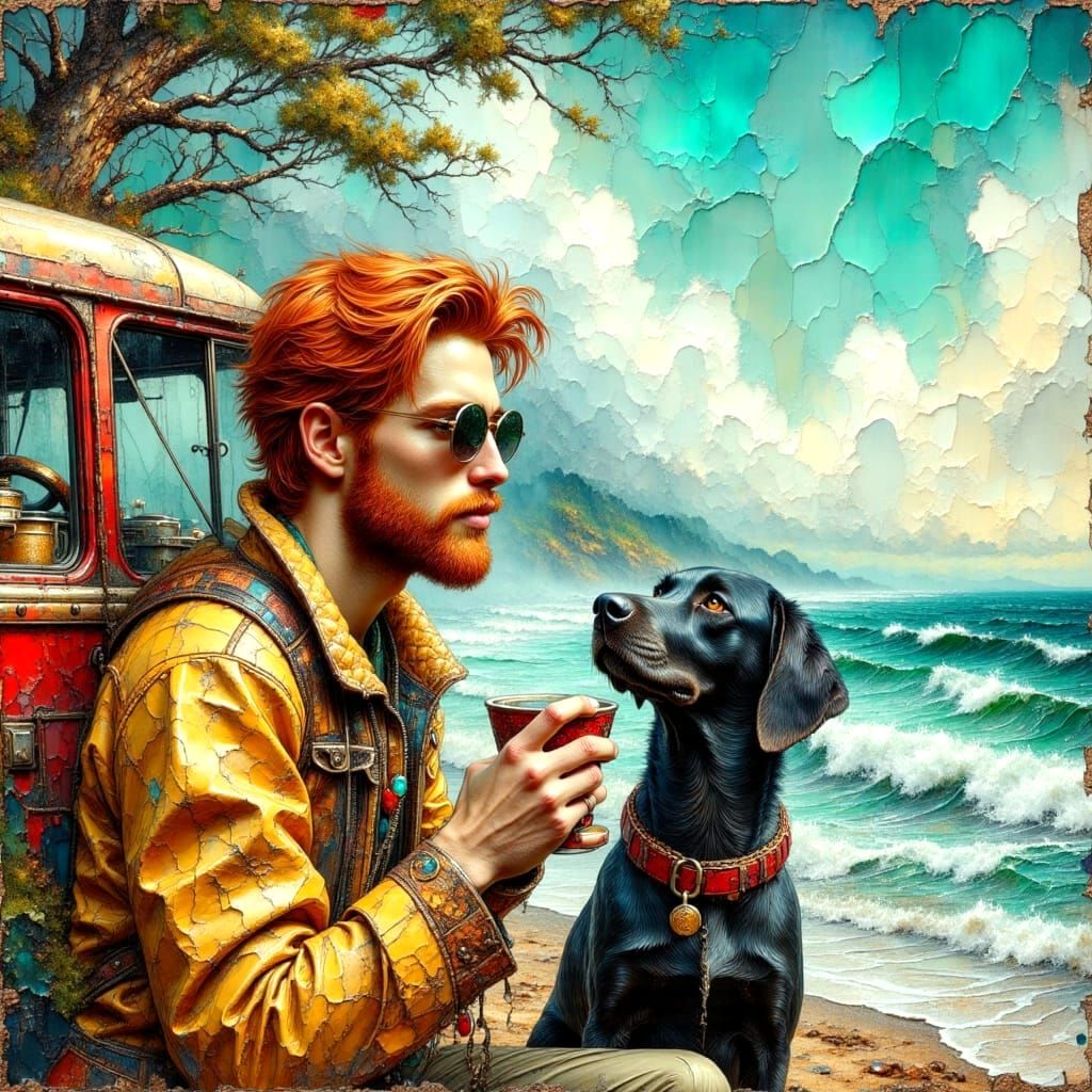 Man and Dog at Beach Coffee Van in Watercolor Style