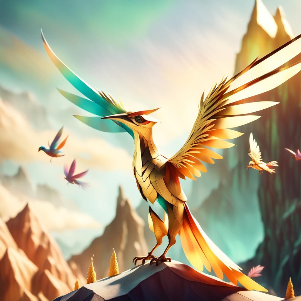 Mystical Cliffside Scene with Iridescent Creatures