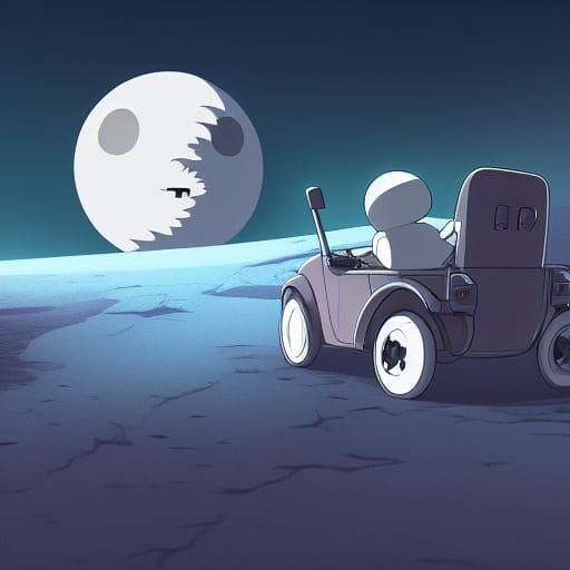 Grim Reaper Drives on Moon in Anime Style
