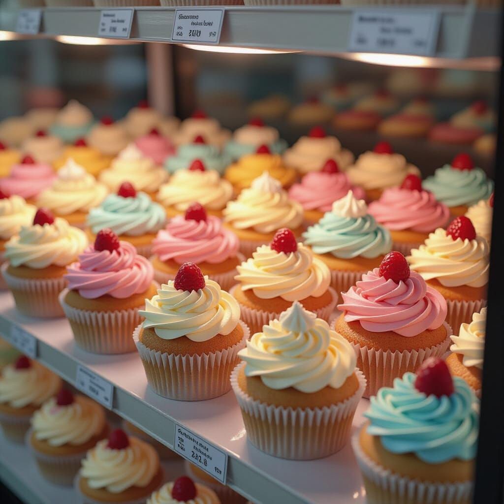 Hyper-Realistic Cupcake Display in Digital Art Style