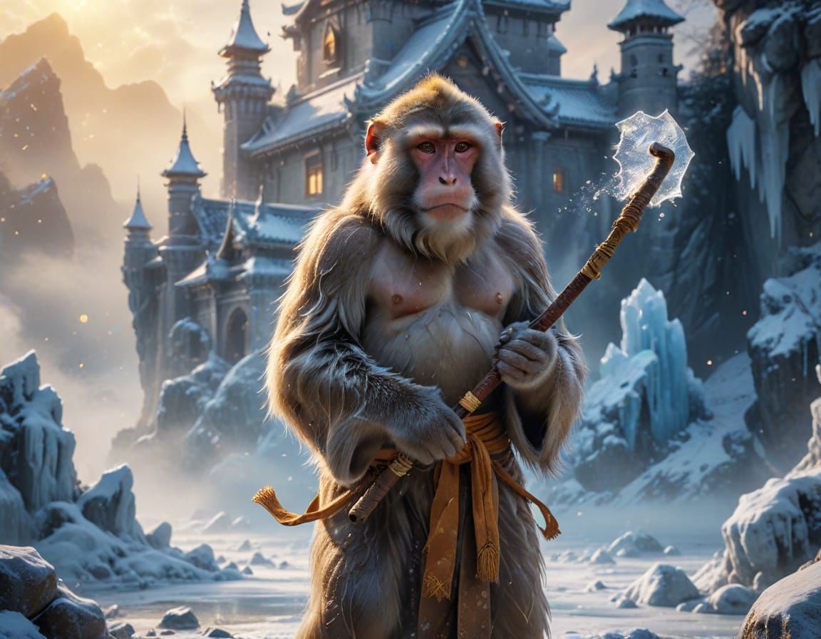 Mystical Ice Castle Scene with Japanese Monk