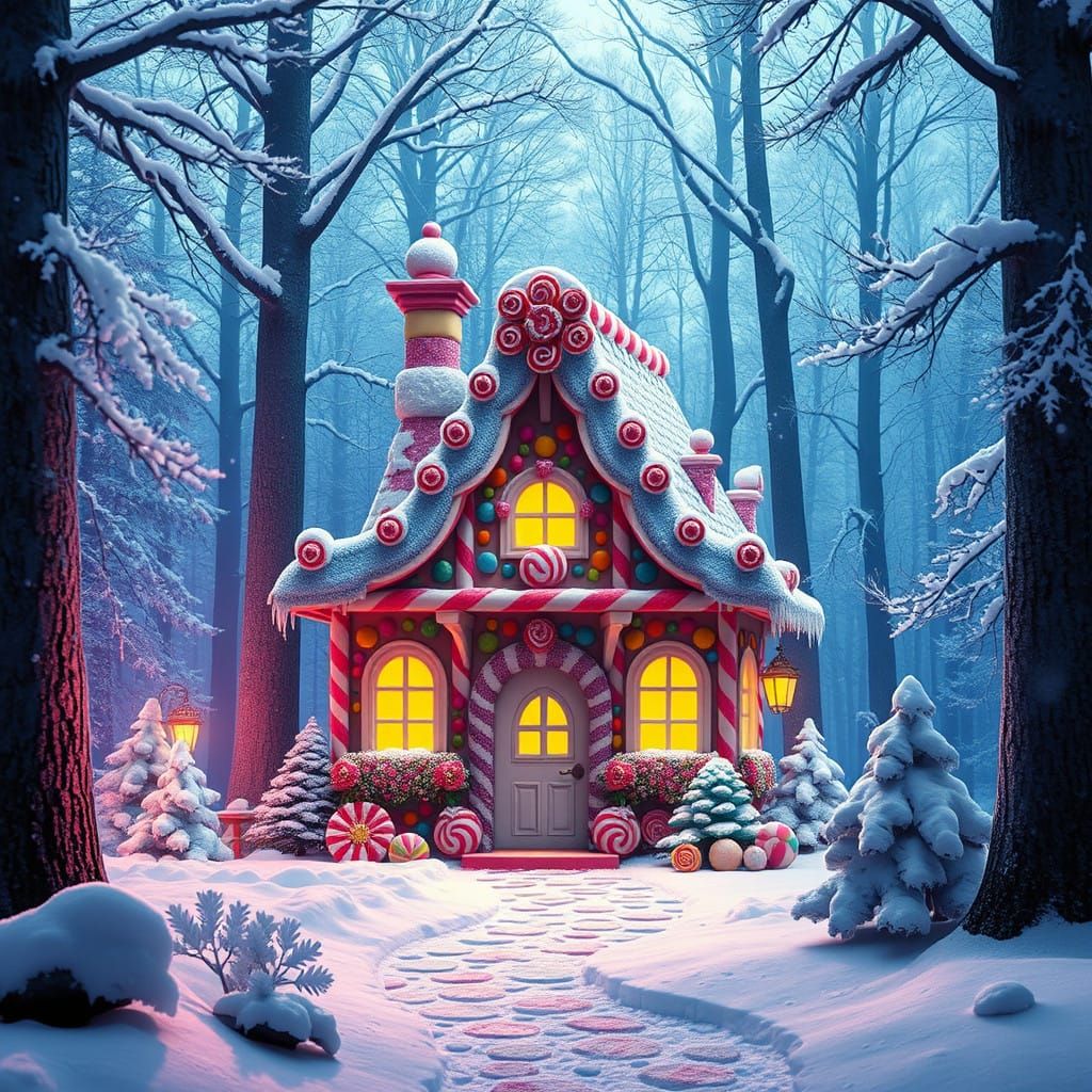 Whimsical Candy Cottage in Snowy Forest Wonderland