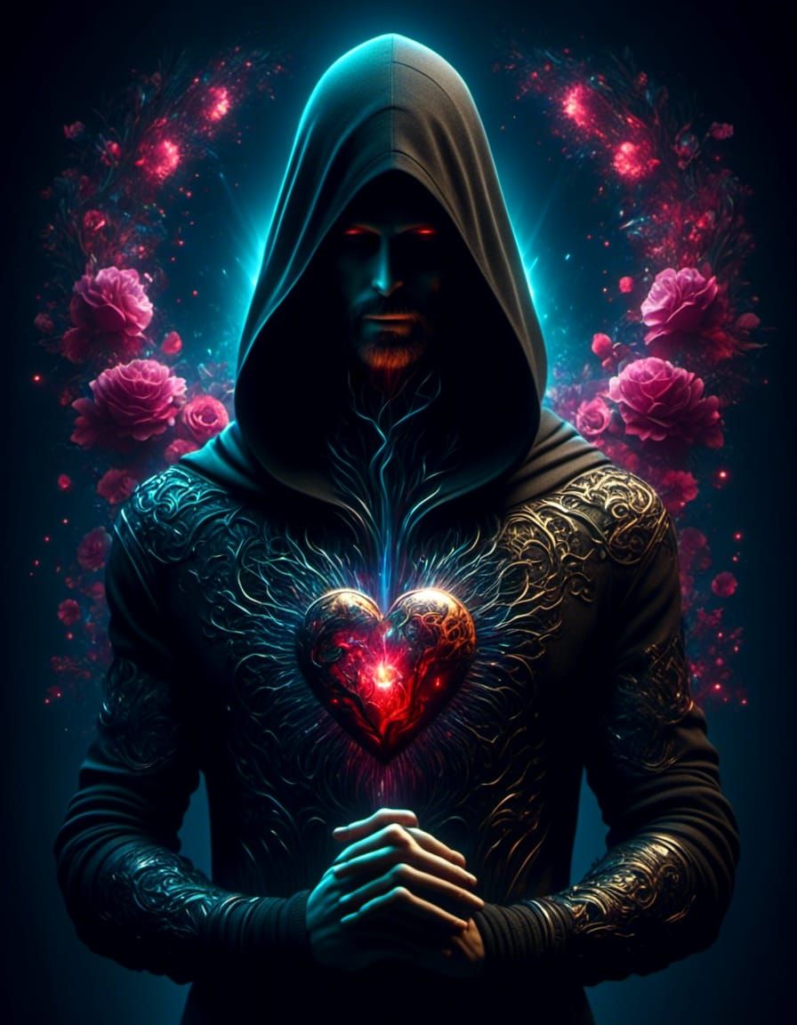 Hooded Figure with Sacred Heart Tattoo in Cyberpunk Style