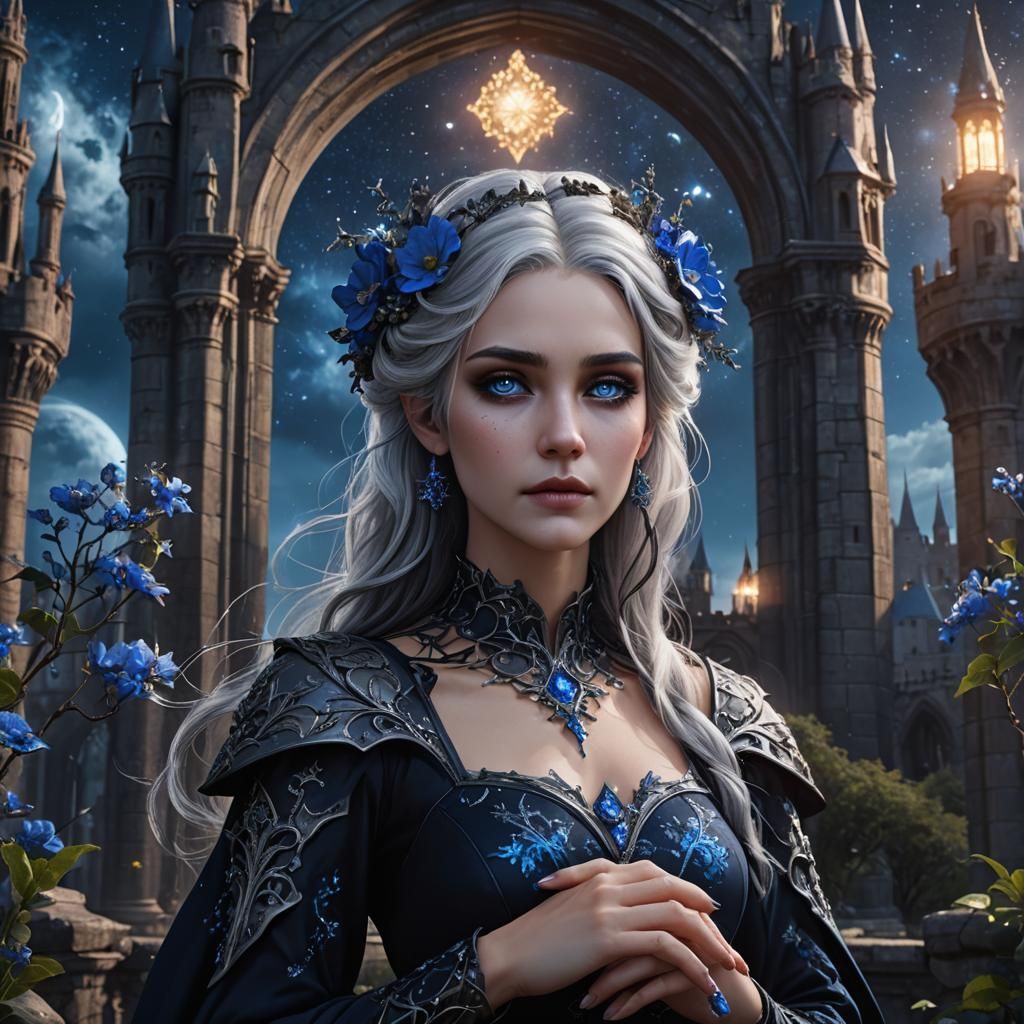 Silver-Haired Nyx, Goddess of Night in Gothic Castle