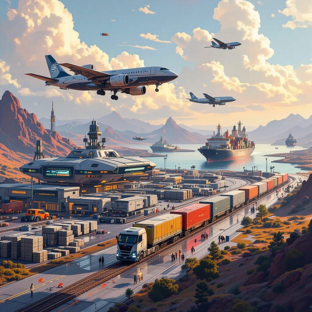 Futuristic AI Military Logistics Hub in Fantasy Style