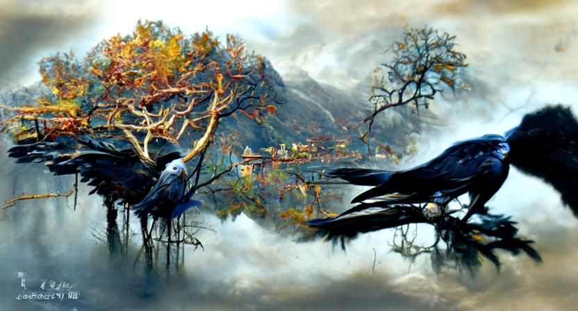 Majestic Crow in Surreal Landscape