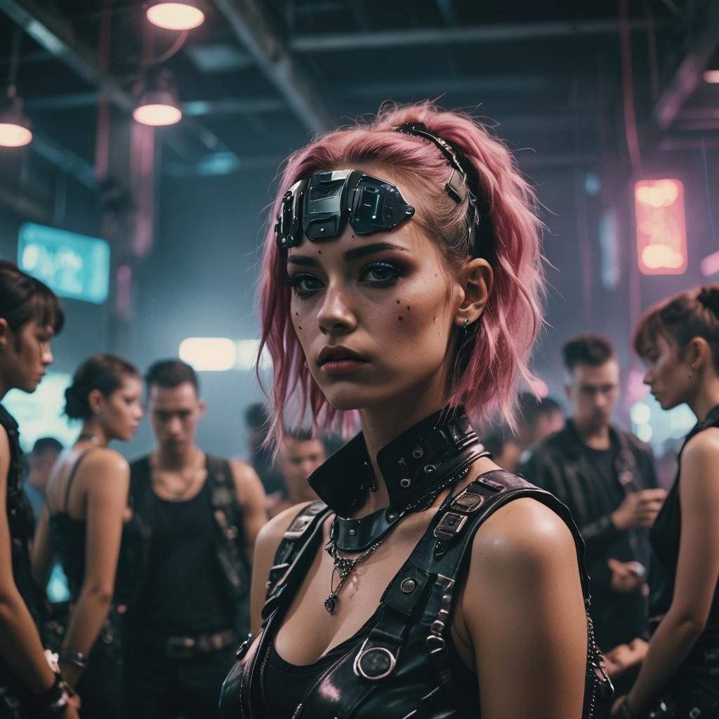 Pensive Girl at Cyberpunk Rave in Cinematic Style