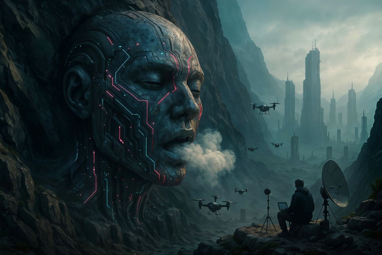 Cybernetic Mountainside Entity Awakens in a Post-Human World